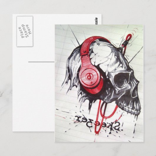 Schedel met hoofdtelefoon ontwerp briefkaart (Voorkant / Achterkant)