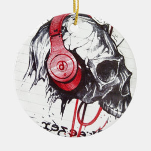 Schedel met hoofdtelefoon ontwerp keramisch ornament