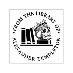 Schedel met kroon Boeken op plank Bibliotheeknaam  Zelfinktende Stempel
