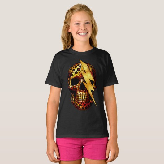 Schedel met luipaardprint & gouden glitters t-shirt (Voorkant volledig)
