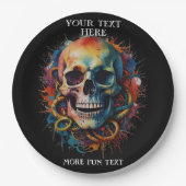 Schedel met meerkleurige verfspatten papieren bordje (Voorkant)
