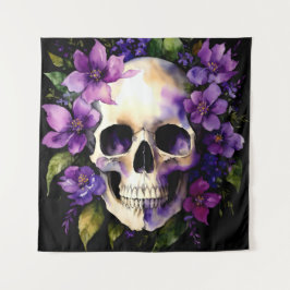 Schedel met paarse bloemen Gothic Waterverf kunst Wandkleed