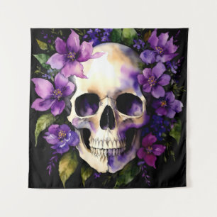 Schedel met paarse bloemen Gothic Waterverf kunst Wandkleed