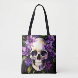 Schedel met paarse bloemen Gothic Waterverf Tote Bag