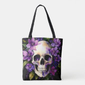 Schedel met paarse bloemen Gothic Waterverf Tote Bag (Achterkant)