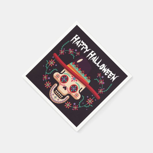 Schedel met pet en bloemenHalloween feest Servet (Hoek)