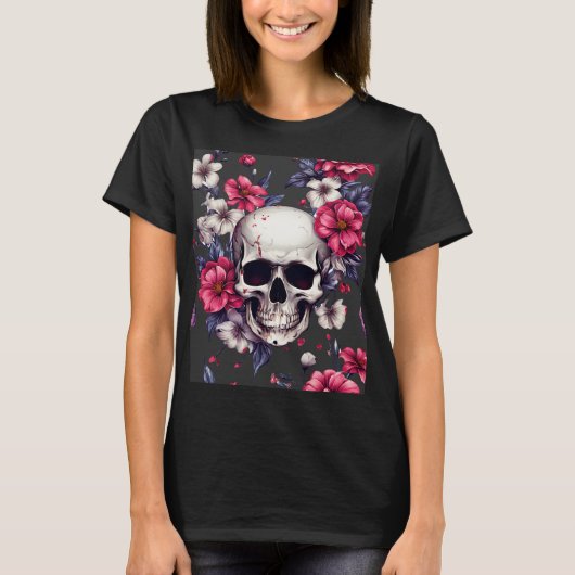 Schedel met rode bloemen t-shirt (Voorkant)