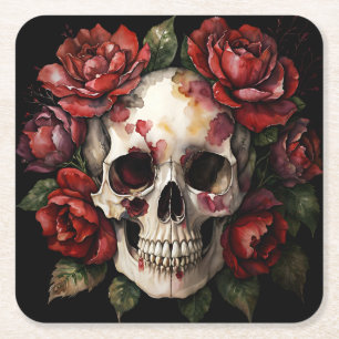 Schedel met rode rozen kartonnen onderzetters