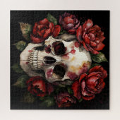 Schedel met rode rozen op zwart legpuzzel (Horizontaal)
