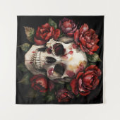 Schedel met rode rozen op zwart wandkleed (Voorkant (horizontaal))