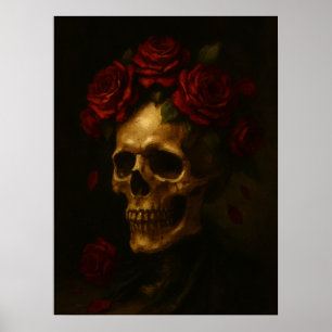 Schedel met rode rozen poster