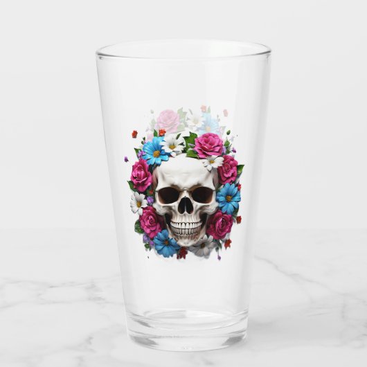 Schedel met rode witte en blauwe bloemen glas (Achterkant)
