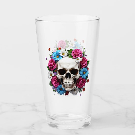 Schedel met rode witte en blauwe bloemen glas (Voorkant)