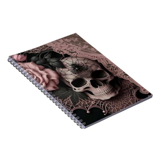 Schedel met Roze Kant en Zacht Roze Bloem Notitieb Notitieboek (Rechterzijde)