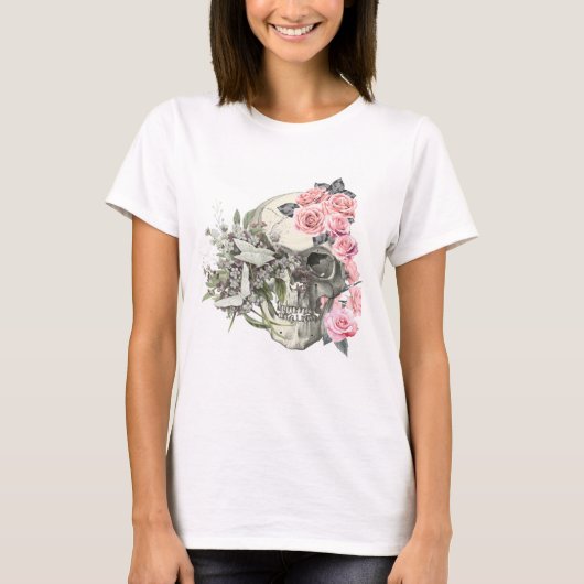 Schedel met roze rozen dames T-shirt (Voorkant)