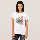 Schedel met roze rozen dames T-shirt (Voorkant volledig)
