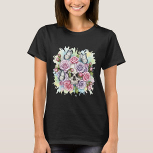 Schedel met roze rozen en vlinders t-shirt