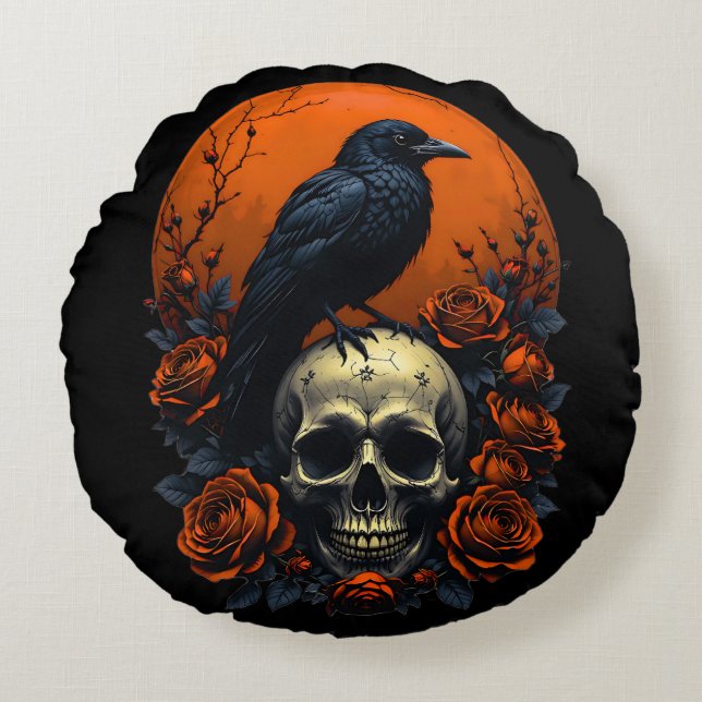 Schedel met Rozen & Crow Gothic Sweatshirt Rond Kussen (Voorkant)