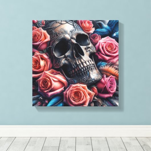 Schedel met Rozen en Bluebird Canvas Afdruk (Insitu (Houten vloer))
