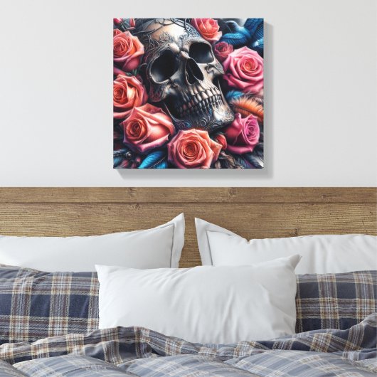 Schedel met Rozen en Bluebird Canvas Afdruk (Insitu (Slaapkamer))