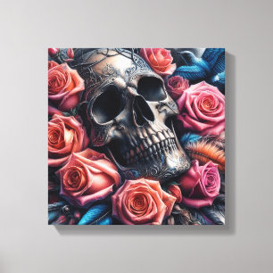 Schedel met Rozen en Bluebird Canvas Afdruk