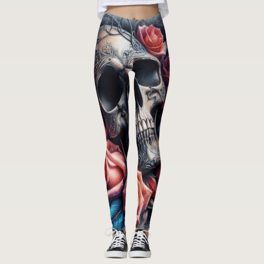 Schedel met Rozen en Bluebird Leggings (Voorkant)