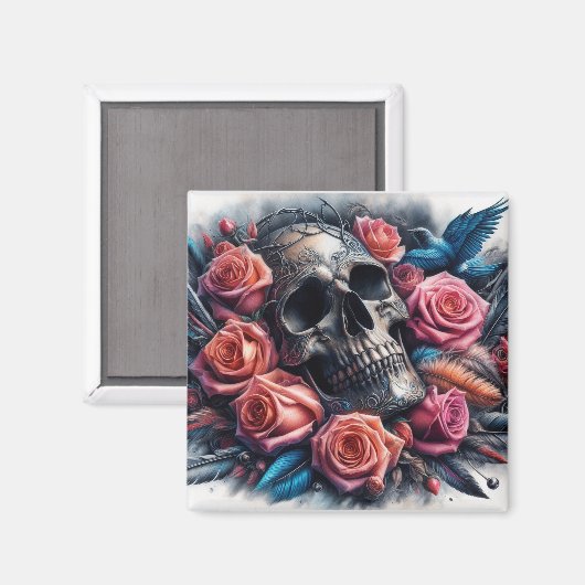 Schedel met Rozen en Bluebird Magneet (Voorkant / Achterkant)