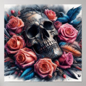 Schedel met Rozen en Bluebird Poster (Voorkant)