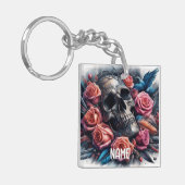 Schedel met Rozen en Bluebird Sleutelhanger (Voorkant Links)