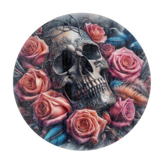 Schedel met Rozen en Bluebird Snijplank (Voorkant)