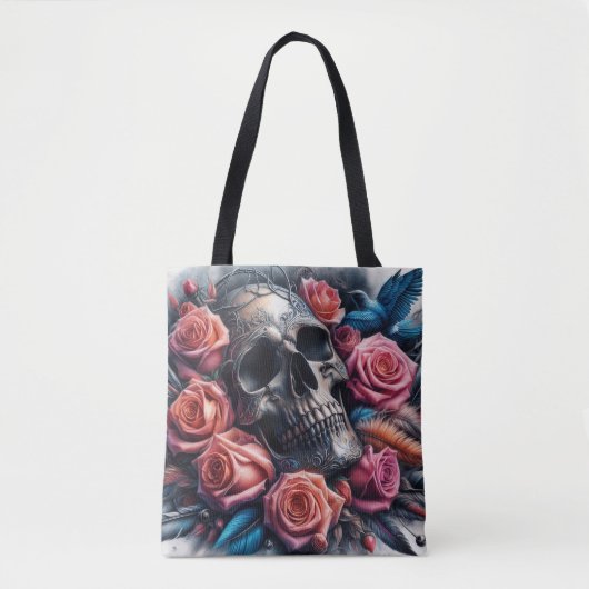 Schedel met Rozen en Bluebird Tote Bag (Voorkant)