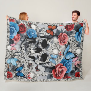 Schedel met Rozen en Vlinders Kant Achtergrond Fleece Deken
