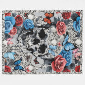 Schedel met Rozen en Vlinders Kant Achtergrond Fleece Deken (Voorkant (Horizontaal))