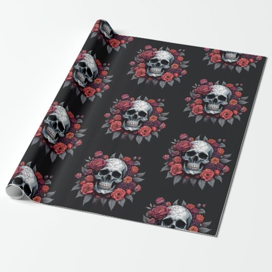 Schedel met Rozen Gotische Halloween Wrapping Papi Cadeaupapier (Uitgerold)