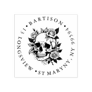 Schedel met rozen Houten ADRES RUBBER STEMPEL