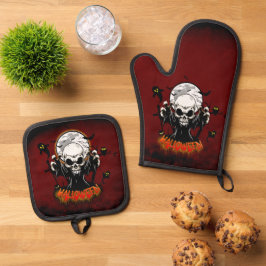 Schedel met scherpe, dreigende tanden ovenwant & pannenlap set