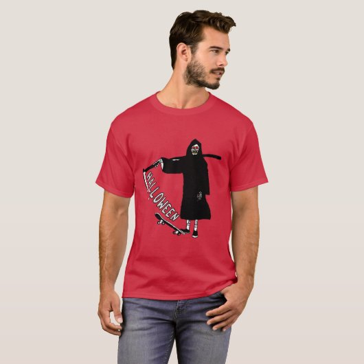 schedel met skateboard met scythe halloween t-shirt (Voorkant volledig)