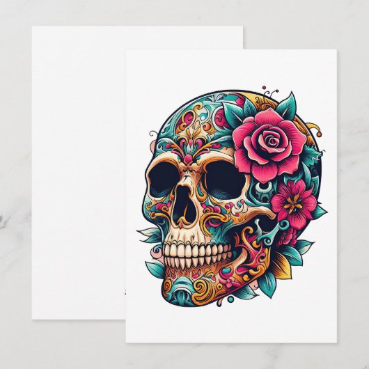 Schedel met Tattoos en bloemen Feestdagenkaart (Voorkant / Achterkant)