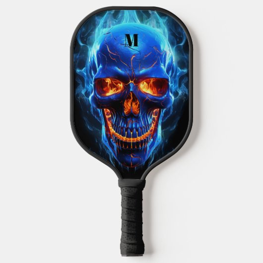 Schedel met vlammen Zwart Blauw Modern Monogram Pickleball Paddle (Voorkant)