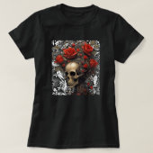 Schedel met wild haar Rozen in  bladeren T-shirt (Design voorkant)