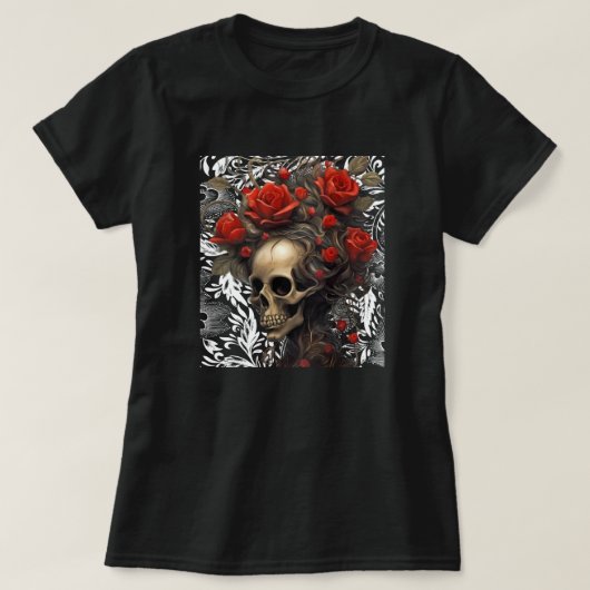 Schedel met wild haar Rozen in  bladeren T-shirt (Design voorkant)