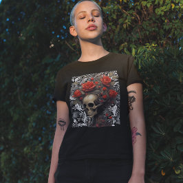 Schedel met wild haar Rozen in  bladeren T-shirt