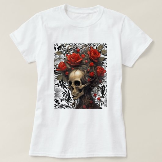 Schedel met wild haar Rozen in  bladeren T-shirt (Design voorkant)