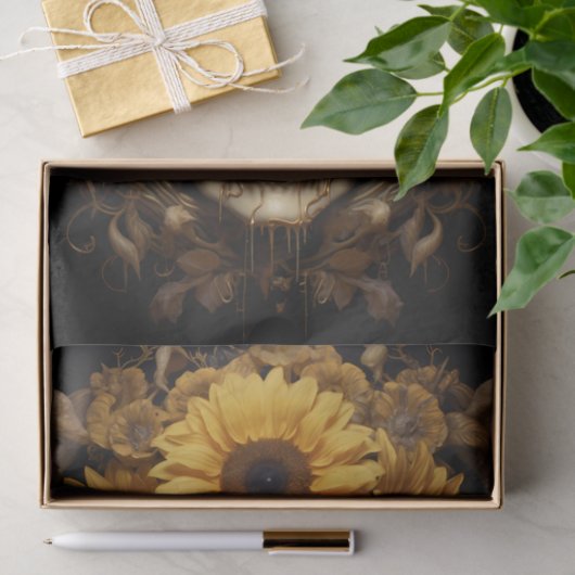 Schedel met Zonnebloemen Goud Tissuepapier (Geschenk)