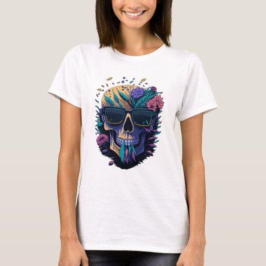 Schedel met zonnebril en bloemen t-shirt (Voorkant)