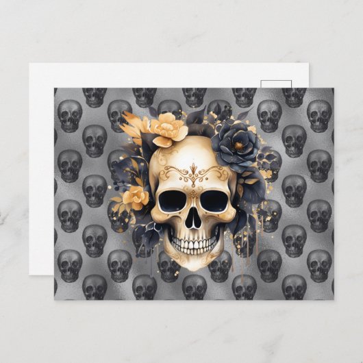 Schedel met zwart en gouden Rozen Zilver Halloween Feestdagenkaart (Voorkant / Achterkant)