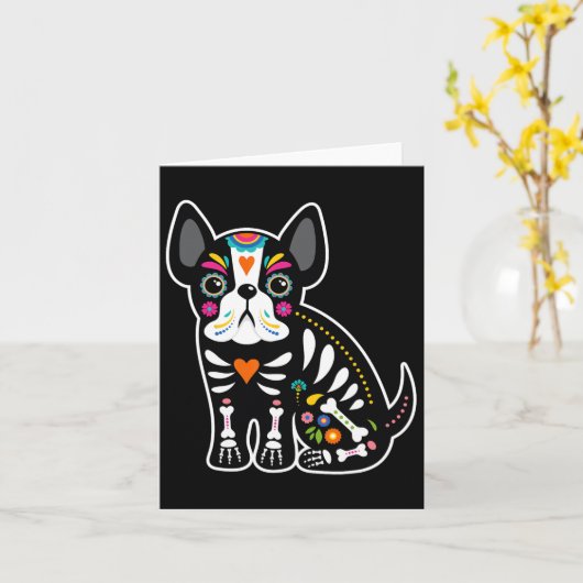 Schedel Mexicaanse Franse buldog Halloween dag van Kaart (Gele Bloem)