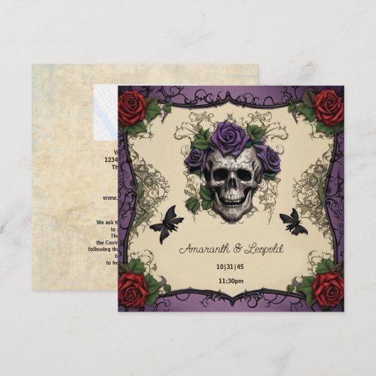 Schedel Motten met Rozen Gotische Halloween Bruilo Kaart (Voorkant / Achterkant)