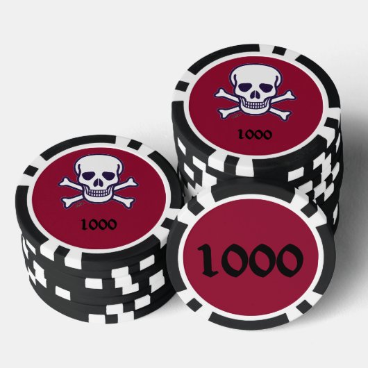 Schedel n Botten 1000 maroon gestreept poker chip (Opstapeling)