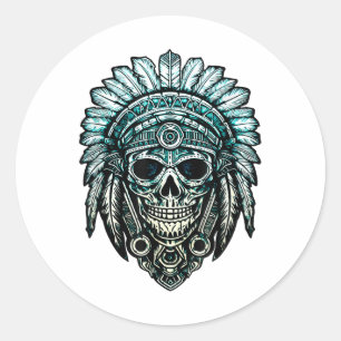 Schedel, Native Chief Pet, War Bonnet, Indianen, H Ronde Sticker